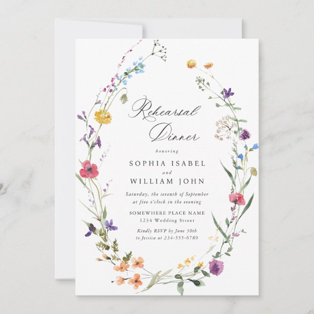 Elegant Watercolor Wild Flowers Rehearsal Dinner Invitation (Front)