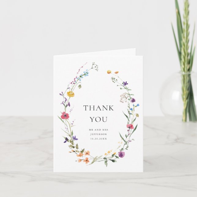Elegant Watercolor Wild Flowers Wedding Botanical  Thank You Card (Front)