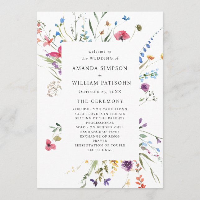 Elegant Watercolor Wild Flowers Wedding Ceremony Programme (Front)