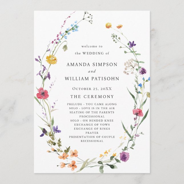 Elegant Watercolor Wild Flowers Wedding Ceremony Programme (Front)
