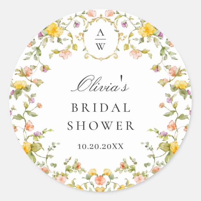 Elegant Watercolor Wild Flowers Wedding Classic Round Sticker (Front)