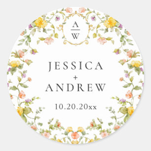 Elegant Watercolor Wild Flowers Wedding Classic Round Sticker