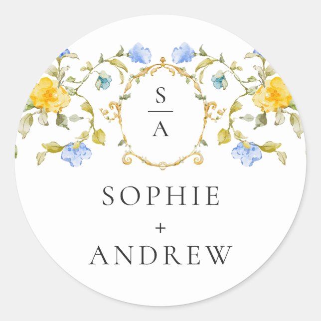 Elegant Watercolor Wild Flowers Wedding Classic Round Sticker (Front)