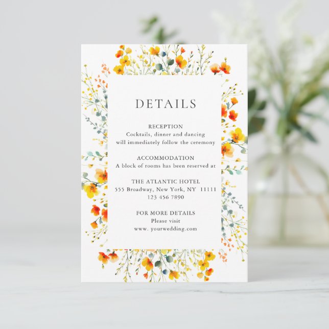 Elegant Watercolor Wild Flowers Wedding Details Enclosure Card (Standing Front)