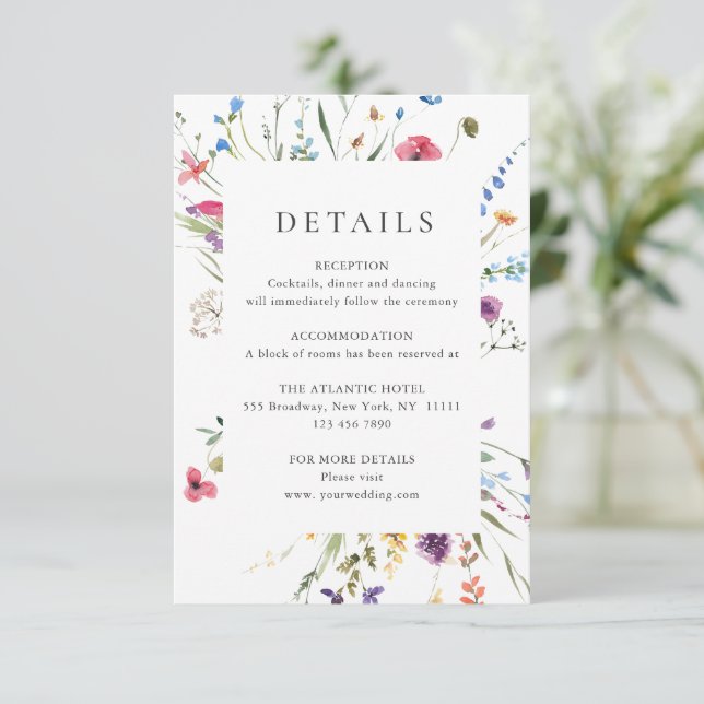 Elegant Watercolor Wild Flowers Wedding Details Enclosure Card (Standing Front)