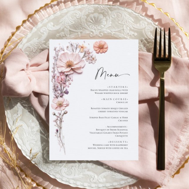 Elegant Watercolor Wild Flowers Wedding Dinner Menu (Creator Uploaded)