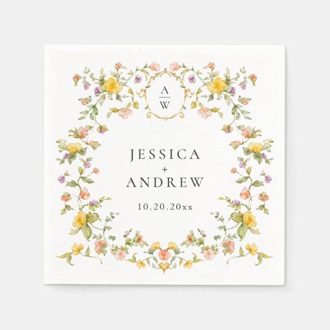 Elegant Watercolor Wild Flowers Wedding Napkin (Front)