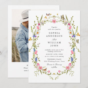 Elegant Watercolor Wild Flowers Wedding Photo Invitation