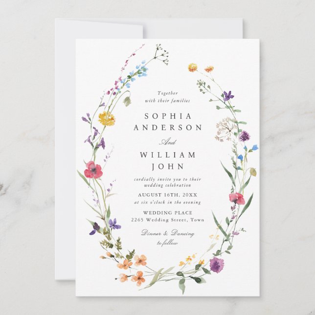 Elegant Watercolor Wild Flowers Wedding Photo Invitation (Front)