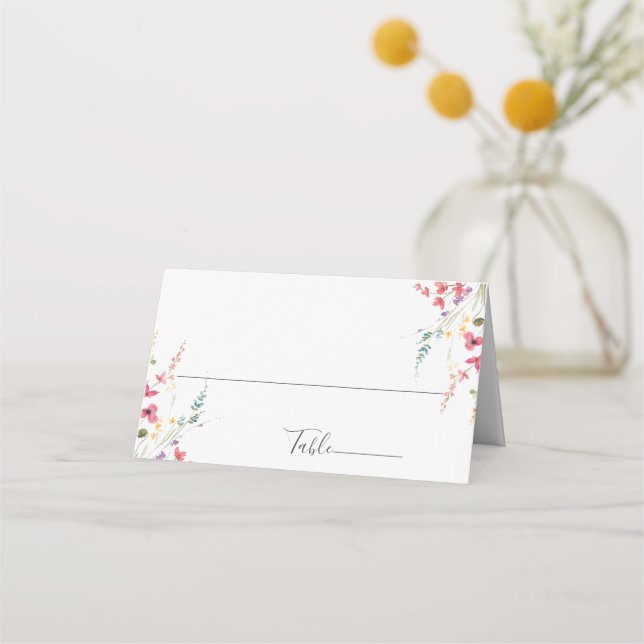 Elegant Watercolor Wild Flowers Wedding Place Card (Front)