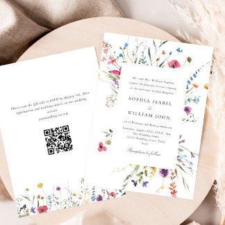 Elegant Watercolor Wild Flowers Wedding QR code Invitation