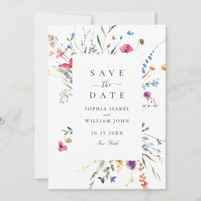 Elegant Watercolor Wild Flowers Wedding Save The Date (Front)