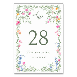 Elegant Watercolor Wild Flowers Wedding Table Number