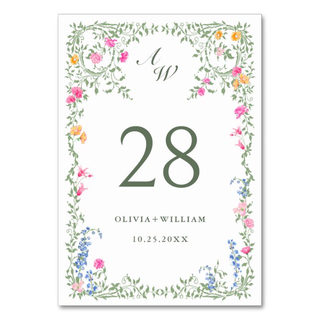 Elegant Watercolor Wild Flowers Wedding Table Number (Front)