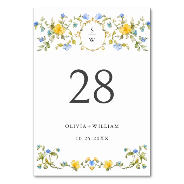 Elegant Watercolor Wild Flowers Wedding Table Number (Front)