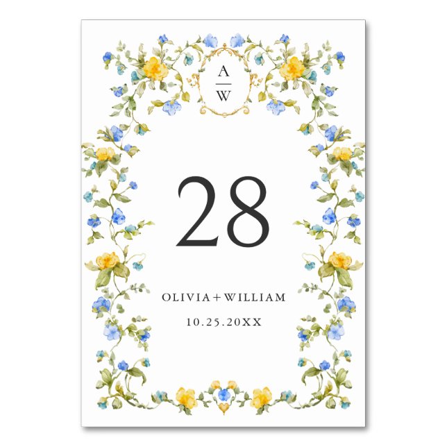 Elegant Watercolor Wild Flowers Wedding Table Number (Front)