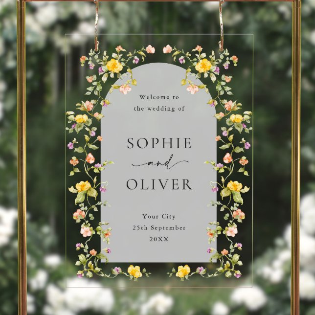 Elegant Watercolor Wild Flowers WELCOME Wedding Acrylic Sign (Creator Uploaded)