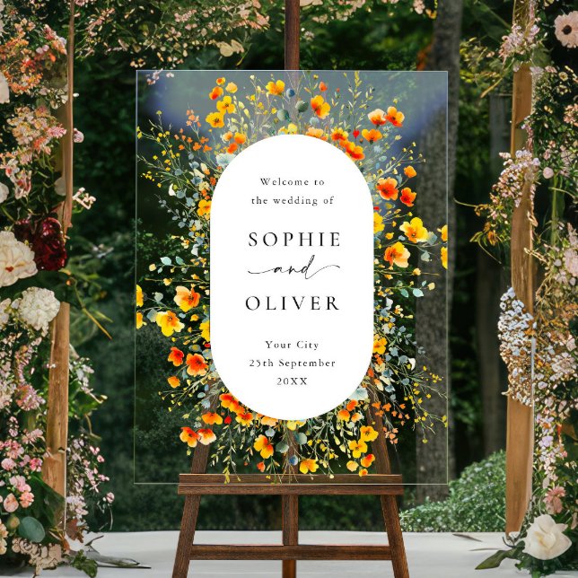 Elegant Watercolor Wild Flowers WELCOME Wedding Acrylic Sign (Creator Uploaded)