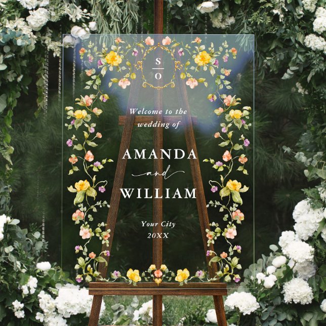 Elegant Watercolor Wild Flowers WELCOME Wedding Acrylic Sign (Creator Uploaded)