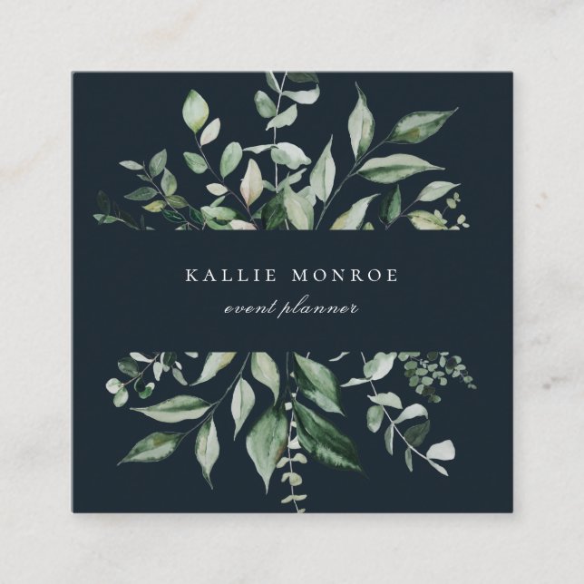 Elegant Watercolor Wild Foliage Dark Blue Square Business Card (Front)