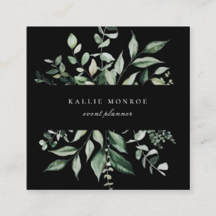 Elegant Watercolor Wild Foliage Dark Square Business Card