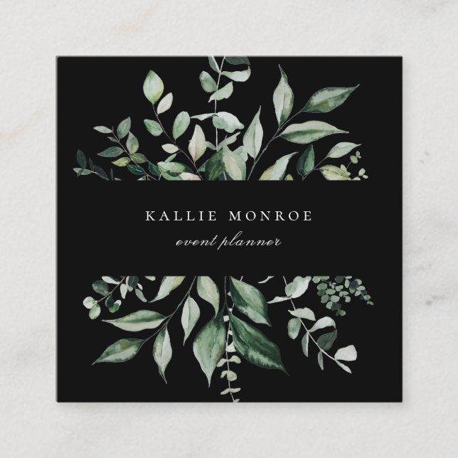 Elegant Watercolor Wild Foliage Dark Square Business Card (Front)