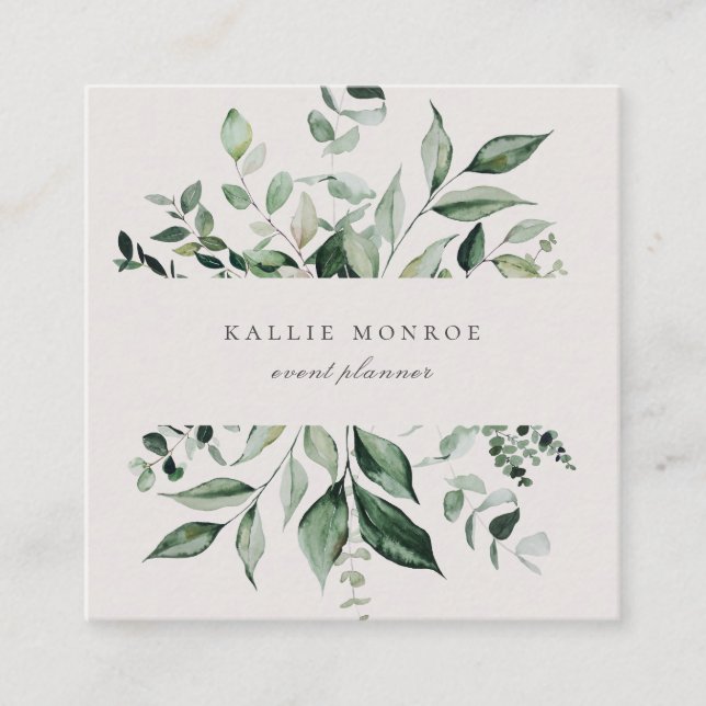 Elegant Watercolor Wild Foliage Sandy Beige Square Business Card (Front)