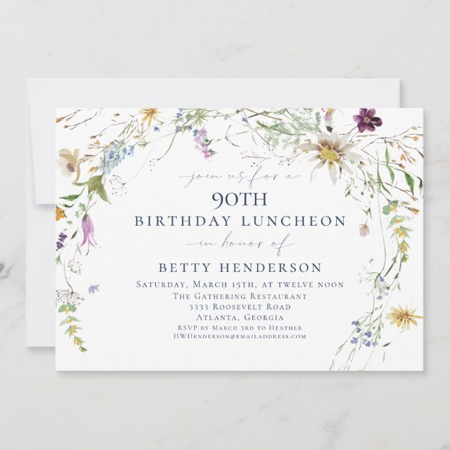 Elegant Watercolor Wildflower 90th Birthday Invitation (Front)