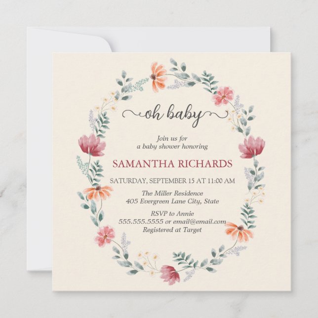 Elegant  watercolor wildflower baby shower invite (Front)