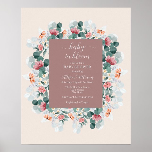 Elegant watercolor wildflower baby shower poster (Front)