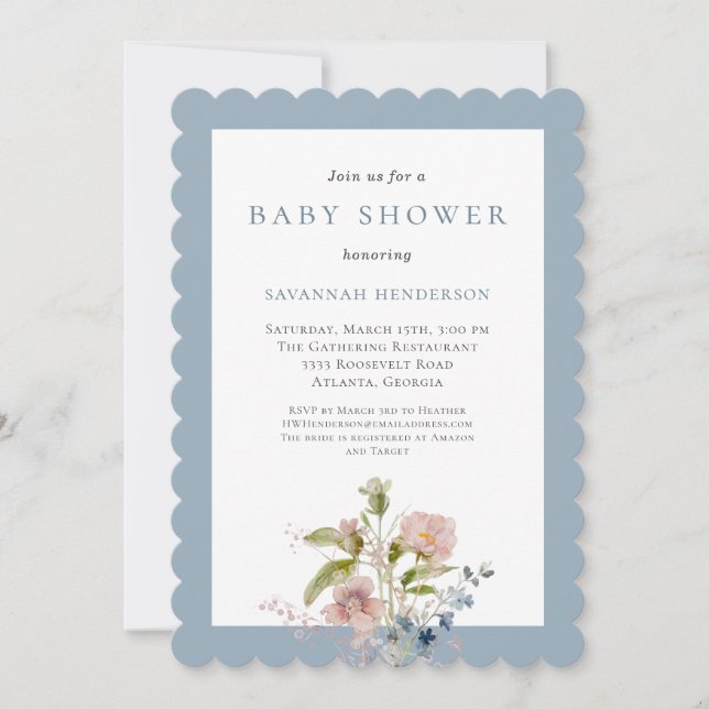 Elegant Watercolor Wildflower Blue Baby Shower Invitation (Front)