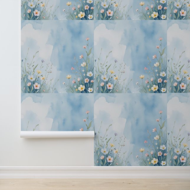 Elegant Watercolor Wildflower Blue Peel and Stick Wallpaper (Application)