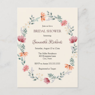 Elegant watercolor wildflower bridal shower postcard