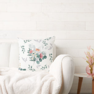 Elegant watercolor wildflower eucalyptus leaves cushion