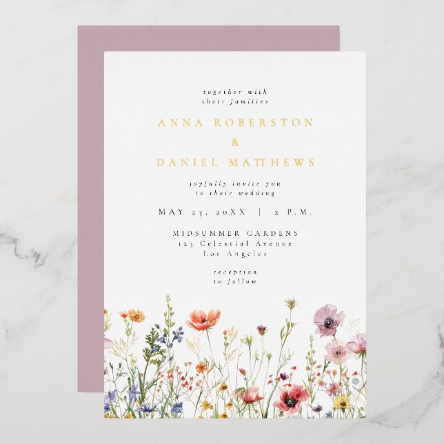 Elegant Watercolor Wildflower Foil Invitation (Front/Back)
