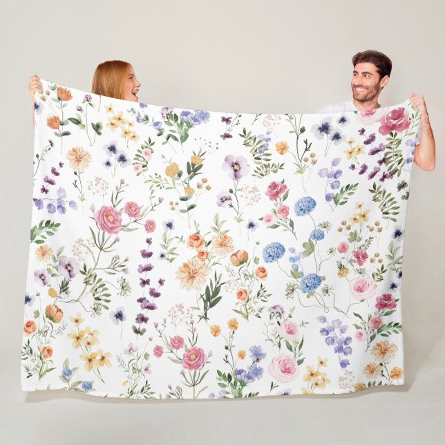 Elegant Watercolor Wildflower Garden Fleece Blanket (In Situ)