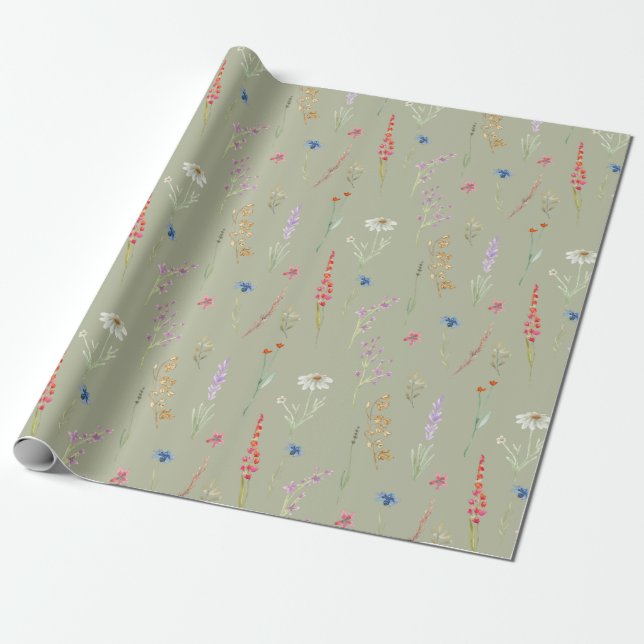 Elegant Watercolor Wildflower Garden Sage Green Wrapping Paper (Unrolled)