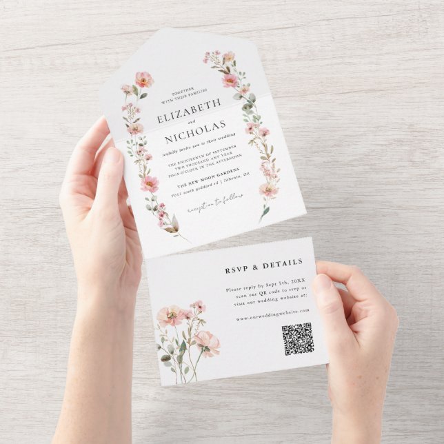Elegant Watercolor Wildflower Garden Wedding All In One Invitation (Tearaway)