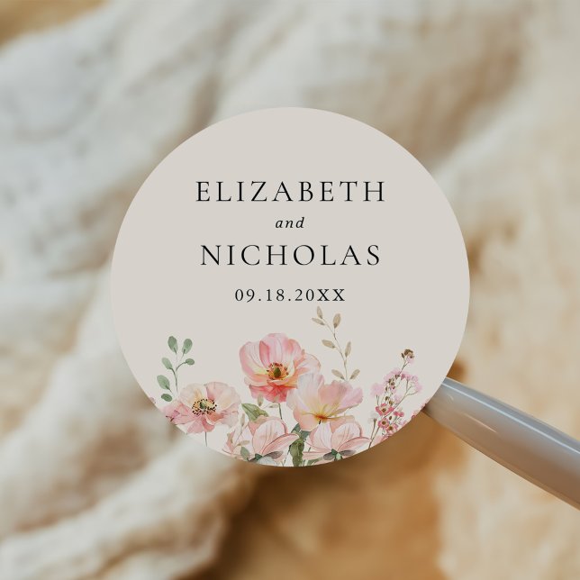 Elegant Watercolor Wildflower Garden Wedding Classic Round Sticker (Creator Uploaded)