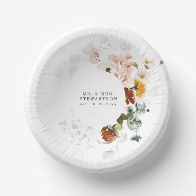 Elegant Watercolor Wildflower Garden Wedding Paper Plate (Front)