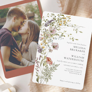 Elegant Watercolor Wildflower Photo Wedding Invitation