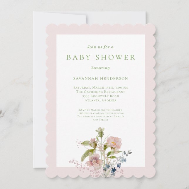 Elegant Watercolor Wildflower Pink Baby Shower Invitation (Front)
