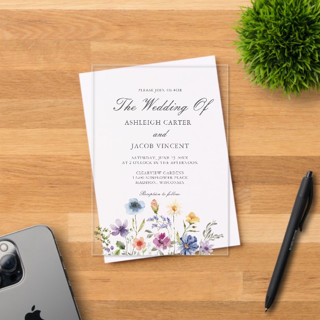 Elegant Watercolor Wildflower Spring Wedding Acrylic Invitations (Insitu (Invitation Card))