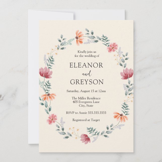 Elegant  watercolor wildflower wedding invitation (Front)