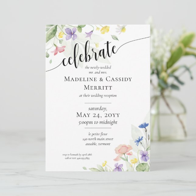 Elegant Watercolor Wildflower Wedding Reception Invitation (Standing Front)