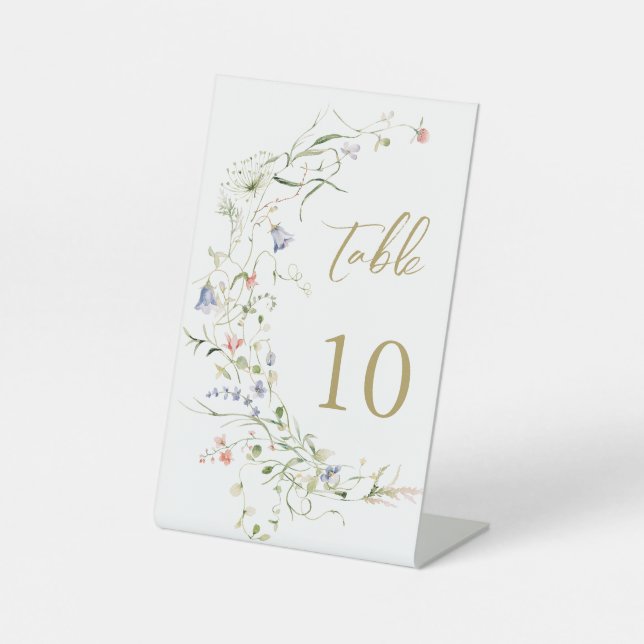 Elegant Watercolor Wildflower Wedding Table Number Pedestal Sign (Front)