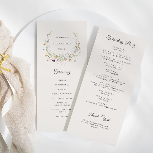 Elegant Watercolor Wildflower Wreath Beige Wedding Programme (Creator Uploaded)