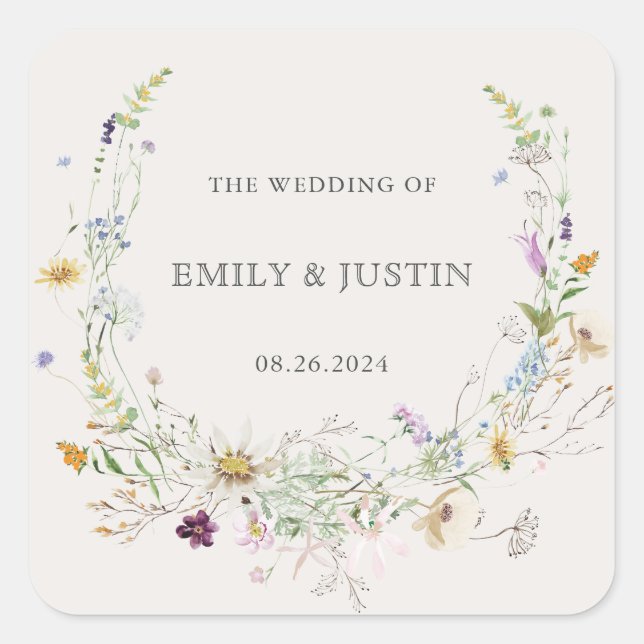 Elegant Watercolor Wildflower Wreath Beige Wedding Square Sticker (Front)