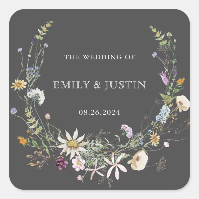 Elegant Watercolor Wildflower Wreath Black Wedding Square Sticker (Front)