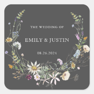 Elegant Watercolor Wildflower Wreath Black Wedding Square Sticker